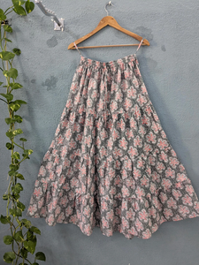 Elegant Grey Floral Tiered Maxi <b>Skirt</b> crafted in soft breathable cotton for effortless style and festive comfort - Product Image 3