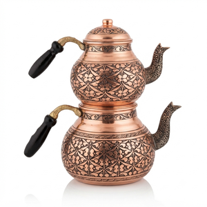 Traditional Turkish Copper <b>Tea</b> Kettle <b>Set</b> Handmade Enamel Copper Teapot Samovar Wooden Handle Hotel Restaurant Wholesale OEM - Product Image 1