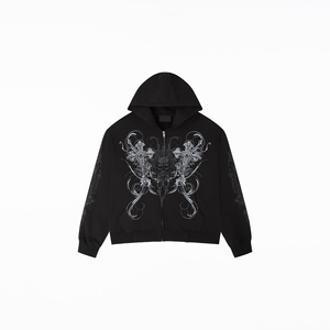 Sudadera con capucha oversize de moda urbana para hombre, con lavado ácido, efecto desgastado, pedrería y estilo vintage, con cremallera. Proveedor mayorista de sudaderas unisex. - Product Image 4