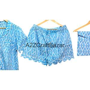 Conjunto de Pijama para Mujer, Hecho a Mano en India, 100% Algodón, Estampado de Bloques con Patrón de Diamantes, Cintura Elástica, Mangas Cortas, Transpirable, Suave, Estilo Vintage - Product Image 3