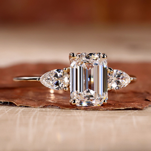 Emerald Cut Moissanite Engagement Ring Pear Side Stone Diamond Ring Yellow Gold Bridal Jewelry for Women - Product Image 4