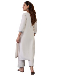 Ensemble 2 pièces pour femmes RN, kurta et pantalon en coton pur, séchage rapide, broderie blanche, coupe droite, style décontracté pour le bureau - Product Image 4