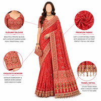 Ensemble Saree en Soie Rouge Imprimé Numérique Infroissable Anti-UV avec Blouse Brodée à Motifs Miroir et Bordure à Pompons Style Traditionnel