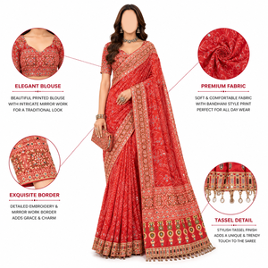 <b>Red</b> Silk Bandhani Print Saree Set Mirror Work <b>Blouse</b> Embroidered Border Tassel Finish-Traditional Indian Wedding Party Outfit - Product Image 1