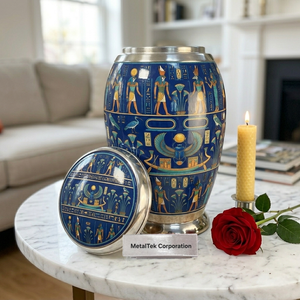 Metal Cremation Urn Egyptian Blue Scarab Pattern Decorative Adult Funeral Memorial Jars with Lid Wholesale Handmade Burial Urns - Product Image 4