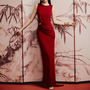 open lace back dress Ruby Red Satin Ballgown Dress With Lace Up Back And V Neck