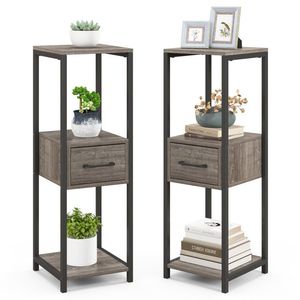 Set di 2 Supporti per Piante in Metallo a 3 Livelli con Cassetto e Ripiano Espositivo - Product Image 1