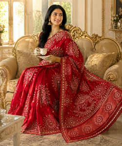 CHOHAN TEXTILE <b>Red</b> Moonga Silk <b>Saree</b>-Vintage Style Floor-Length Bridal Party Wear Hand Embroidery Zari Border Wrinkle-Free - Product Image 6