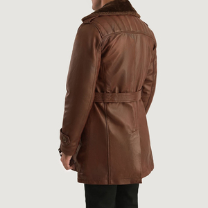 Plus Size Men Genuine Leather Waterproof Winter Trench Coat Long Sleeve Belted Fur Trim Outerwear Casual Streetwear - Product Image 4