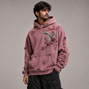 Premium Comfortable Oversized <b>Pullover</b> Design Vintage Washed Distressed Finish With Embroidery <b>Men</b> Distressed Embroidery Hoodies - Product Image 4
