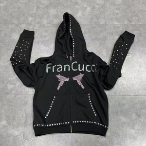 Black Rhinestone Zip Hoodie Crystal Graphic Oversized Winter Front Solid Streetwear Premium Cotton Fleece Custom Fashion Hoodie - Product Image 1
