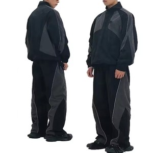 Unisex Sporty Tracksuit Black Gray Color Blocking Full Sleeve <b>Zip</b> <b>Up</b> <b>Jacket</b> With Drawstring Pants Breathable Polyester Autumn - Product Image 4