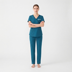 Hawk Eye <b>Women</b> Scrub Set <b>Teal</b> Short Sleeve Top Pants Hospital Uniforms with Pockets Polyester Woven Fabric - Product Image 4