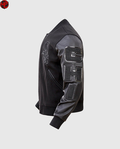 Veste de baseball pour homme noire style varsity avec manches en similicuir brodé, coupe classique, col rabattu, décontractée pour l'automne - Product Image 3