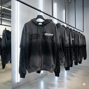 เสื้อฮู้ดซิปทรงหลวมปักลายโลโก้แบบดิสเทรสประดับคริสตัลสั่งทำพิเศษ สไตล์สตรีทแวร์ ผ้าเฟรนช์เทอร์รี่เนื้อหนา - Product Image 5