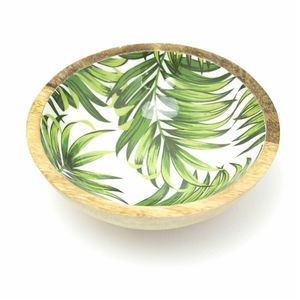Bol de service en bois de manguier émaillé fait main, motif feuille tropicale verte, pour salade et fruits, vaisselle décorative, vente en gros - Product Image 1
