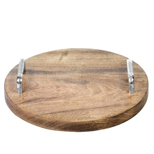 Plateau de service en bois de mangue rond élégant avec poignées Plateau ottoman Plateau en bois décoratif rustique pour l'utilisation de la table basse du salon - Product Image 1