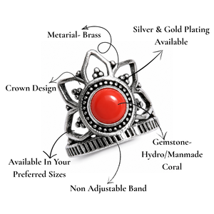 Bague Couronne Corail Rouge Faite à la Main Style Bohème Vintage Lotus Laiton Plaqué Argent/Or Unisexe Pierre Précieuse Légère et Tendance - Product Image 2