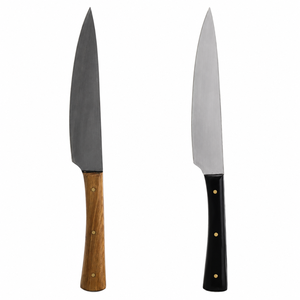 Couteaux de cuisine à lame argentée et foncée avec manches en bois brun et rivets noirs pour la découpe de viande et la préparation des aliments au quotidien - Product Image 1
