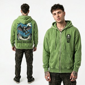 Sweat-shirt à capuche personnalisé pour homme, vert sarcelle, délavé à l'acide, motif crâne de chauve-souris, streetwear, vintage, coupe oversize, en molleton épais - Product Image 5