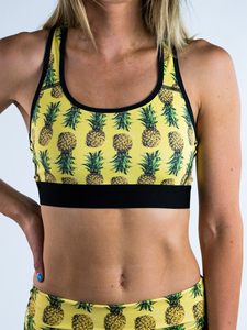 Soutien-gorge de sport pour femme à imprimé ananas, col ras du cou, dos nageur, maintien moyen, respirant, avec bordure contrastante jaune - Product Image 2