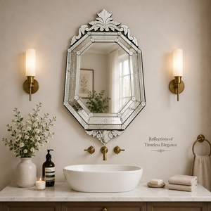 Miroir octogonal vénitien de luxe avec couronne en forme de couronne royale et panneaux en verre biseauté |   Miroir mural décoratif antique à motifs floraux gravés - Product Image 3