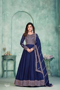 Traje Anarkali Moderno de Seda Bordada, Semi-Cosido, para Fiestas, Bodas y Diwali - Product Image 6