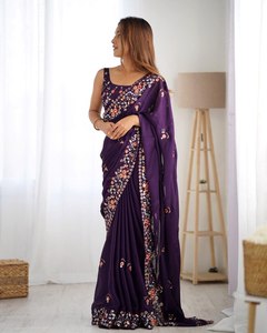 Sari de Satén y Chifón con Bordado de Lentejuelas de 5mm y Blusa a Juego con Lentejuelas para Bodas y Fiestas de Primera Calidad - Product Image 2