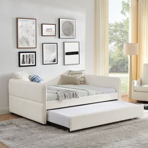Divano letto matrimoniale in tessuto bouclé con letto estraibile, imbottito e trapuntato, beige (210x148x75 cm) - Product Image 5