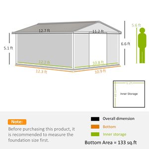 Capanno in Metallo 3,8 m x 3,3 m con Doppie Porte Scorrevoli e 4 Prese d'Aria per Attrezzi da Giardino, Esterno, Patio, Prato, Colore Verde Scuro - Product Image 3