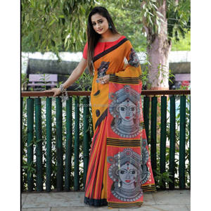 ผ้าลินินพิมพ์ลายดิจิตัลชุดส่าหรีสีเหลืองและสีแดงชุดปาร์ตี้ - Product Image 2