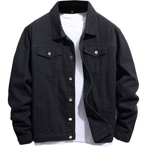 Prodigous International Men's Black Denim Jacket <b>Turn</b>-Down Collar Casual Washed Cotton Single Breasted Horn <b>Button</b> Windproof - Product Image 3
