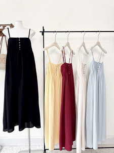 ODM Womens <b>Spaghetti</b> Strap <b>Long</b> Maxi Dress Custom Casual Summer Wear Boho Vintage Eco-Friendly 100% Linen Pleated - Product Image 1