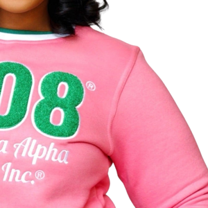 AKA 1908 Sweat-shirt en chenille rose rayé pour femme, col rond premium brodé de lettres grecques - Product Image 3