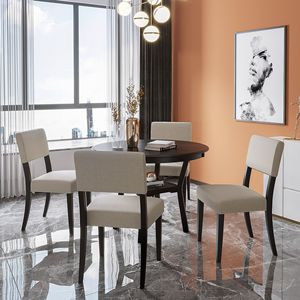 Espresso 5-Piece <b>Kitchen</b> Dining Table Set Round Table with Bottom <b>Shelf</b> & 4 Upholstered Chairs for Dining Room - Product Image 1