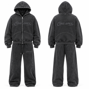 <b>Black</b> <b>Zip</b> Up <b>Hoodie</b> Sweatpants Set Men's Streetwear Two Piece Tracksuit Custom Graphic Jogger Outfit Wholesale OEM - Product Image 3