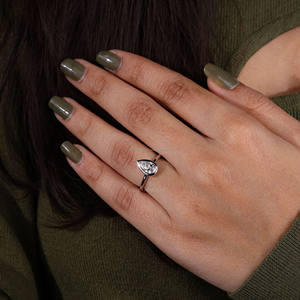 Women's Teardrop Shape Engagement and Anniversary <b>Ring</b> 18K White Gold Bezel <b>Set</b> with Pear Cut Lab Grown Diamond Wedding <b>Ring</b> - Product Image 4