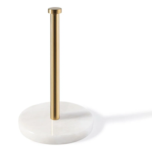 Luxury White Marble and Gold Paper Towel <b>Holder</b> - Heavy Duty Natural Stone Kitchen Roll Stand with Brass Finish <b>Post</b> - Product Image 1