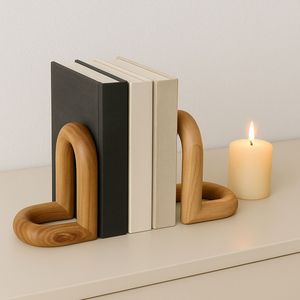 Porte-livres modernes en bois avec base en métal, forme triangulaire, 2 pièces, pour la décoration d'étagères à la maison ou au bureau - Product Image 1