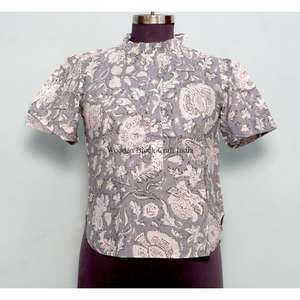 Top Corto Moderno de Verano 100% Algodón con Cuello Alto, Estampado Floral, Mangas Regulares, Borlas, Detalles Intrincados, Lavable - Product Image 1