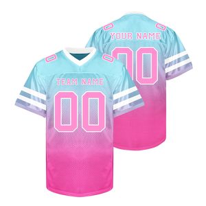 Custom Sublimated American Football Jersey V-Neck Short Sleeve Breathable Mesh Gradient Pink Blue Team Name Number Printed - Product Image 1
