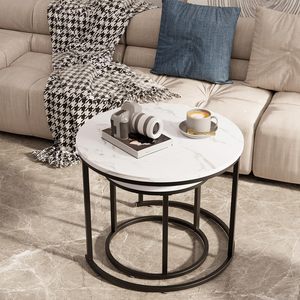 Modern <b>Round</b> Nesting Coffee <b>Tables</b> Set of 2 with White Marble Finish and <b>Black</b> Metal Frame Contemporary Living Room <b>Side</b> <b>Tables</b> - Product Image 2