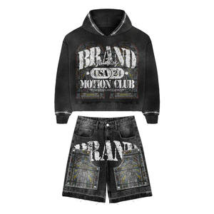 Ensemble de sweat-shirt à capuche en tricot imprimé pour homme, prix de gros, 80% coton, 20% polyester, couleur noire, ensemble deux pièces, sweat-shirt à capuche et short - Product Image 1