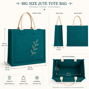 Teal Jute Tote <b>Bag</b> With Gold Leaf Embroidery <b>Medium</b> <b>Size</b> Daily Shopping <b>Bag</b> - Product Image 2