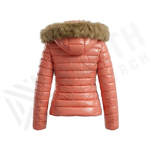 Chaqueta Acolchada con Capucha para Mujer, Abrigo de Invierno con Ribete de Piel, Cierre de Cremallera en Manga Larga, Resistente al Viento, Exterior de Poliéster, Color Rosa - Product Image 2
