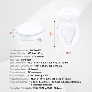 Rialzo Universale per Sedile WC da 4 Pollici, Capacità 300 Libbre, con Asta a Vite Bloccabile, Attrezzatura di Sicurezza per Bagno - Product Image 4