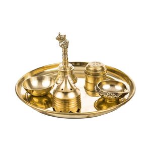 Designer Storage Brass Pooja Thali Set Antique Design Puja <b>Plate</b> with Diya Bell Kalash Temple <b>Decor</b> - Product Image 1