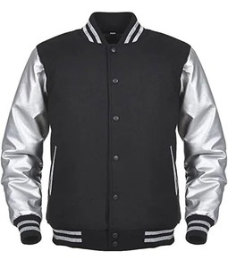Wholesale Men's <b>Silver</b> Sleeve Cowhide Varsity <b>Jacket</b> Winter Wool Fabric Hooded Embroidery Decoration Letterman Style - Product Image 5