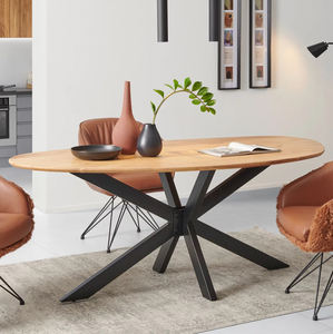 Table de salle à manger de style européen en bois d'acacia massif, forme ovale, plateau naturel, pieds en métal croisés en X, pour la maison, le restaurant, la cuisine - Product Image 1