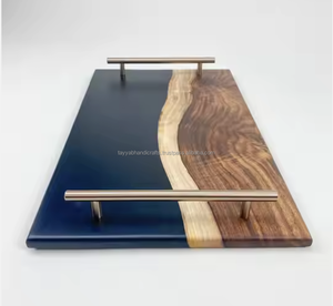 Natural Wood Serving Tray with <b>Metal</b> Handles <b>Epoxy</b> Resin Crafts for Restaurants and Hotels from India - Product Image 1